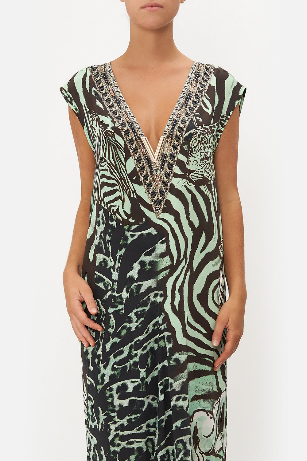 SLEEVELESS DRAPE BACK DRESS LEOPARD LORE