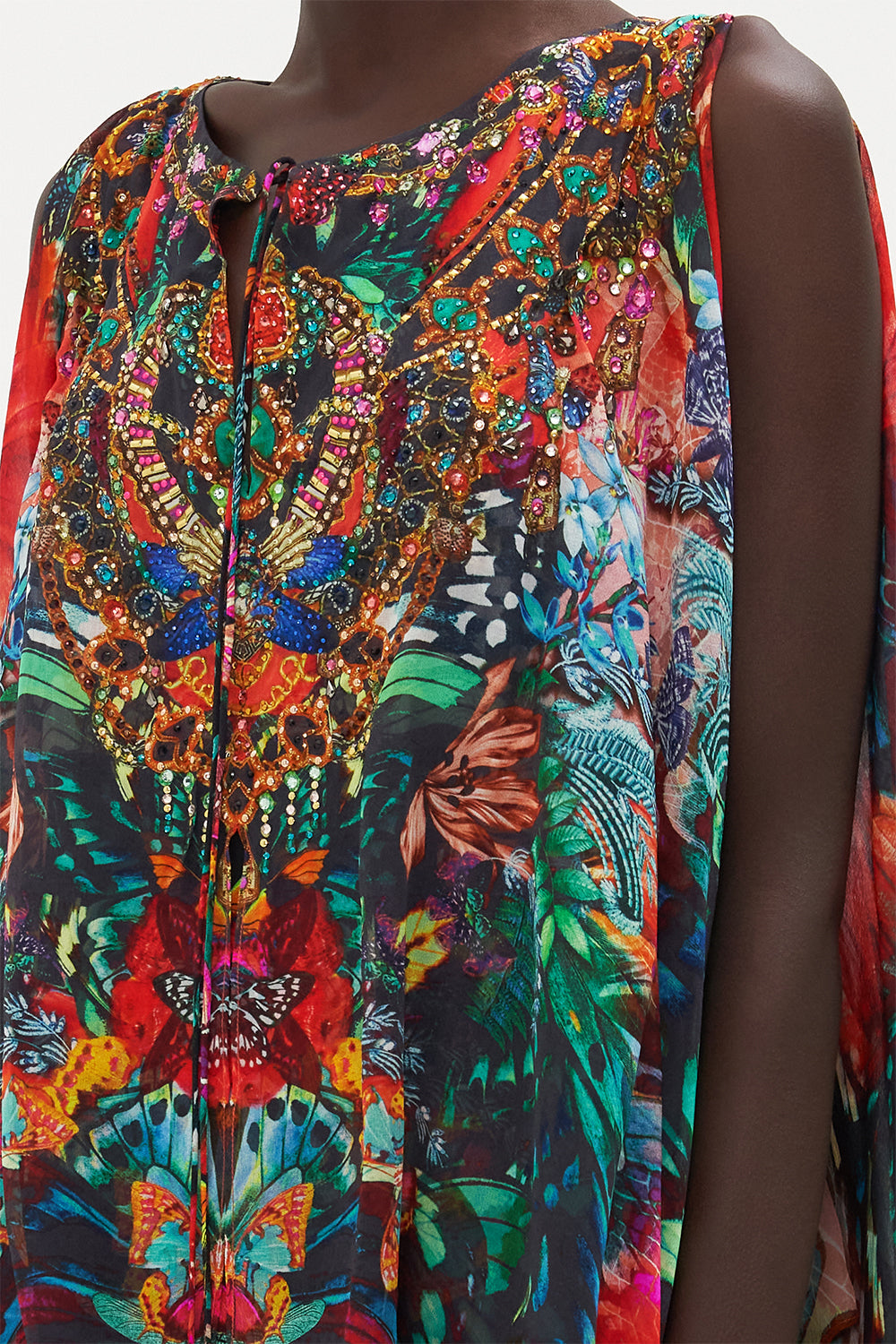 LONG SHEER OVERLAY DRESS IN A FLUTTER