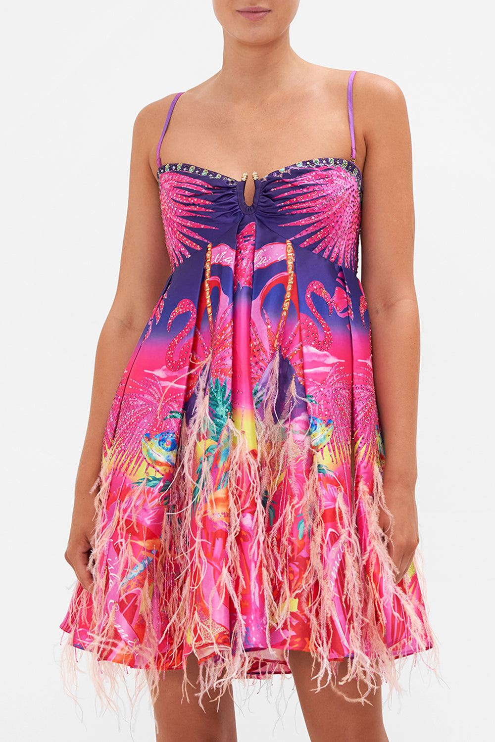 STRAPLESS SHORT FEATHER DRESS FLIGHT OF THE FLAMINGO
