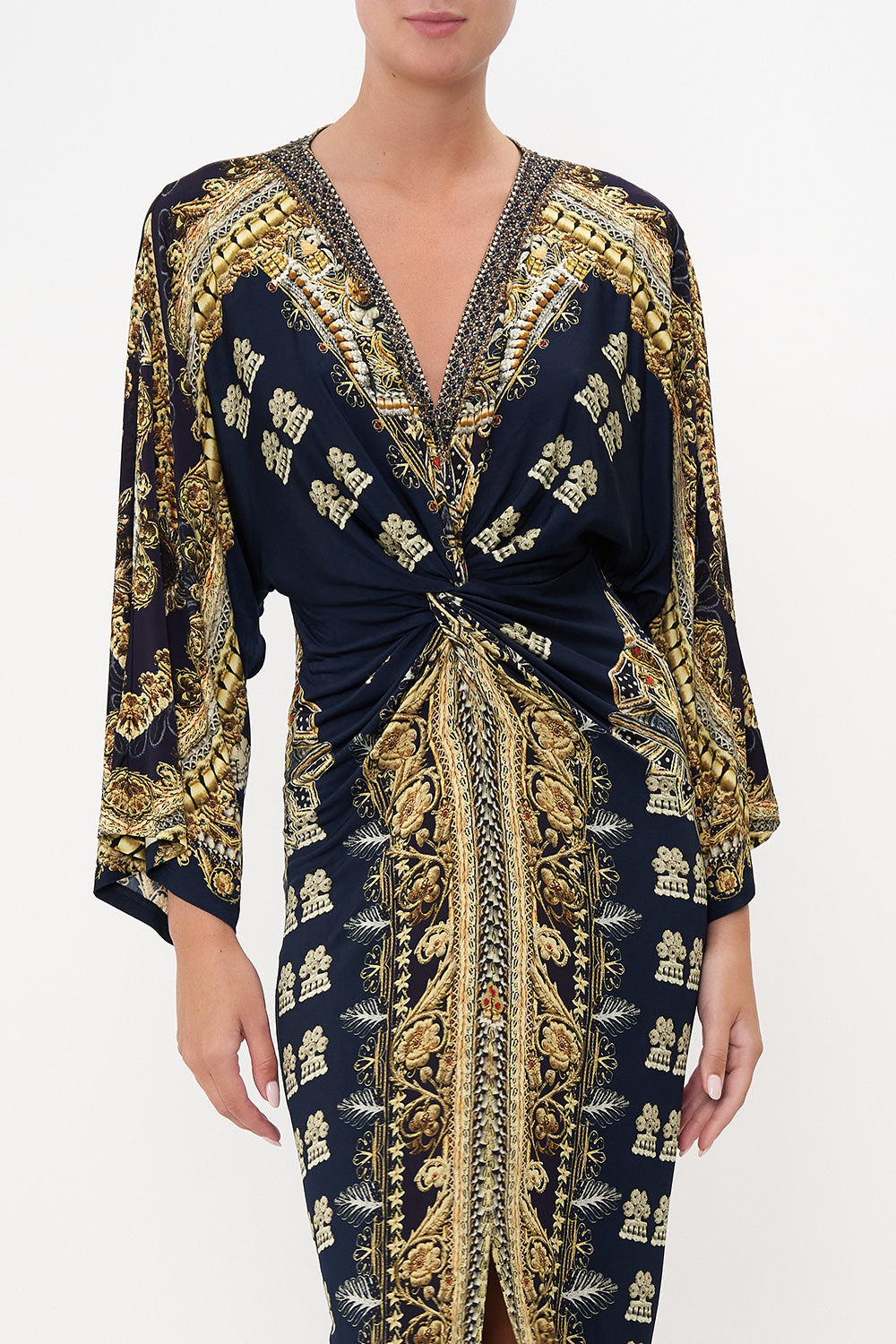 LONG SPLIT FRONT TWIST DRESS ITS ALL OVER TORERO