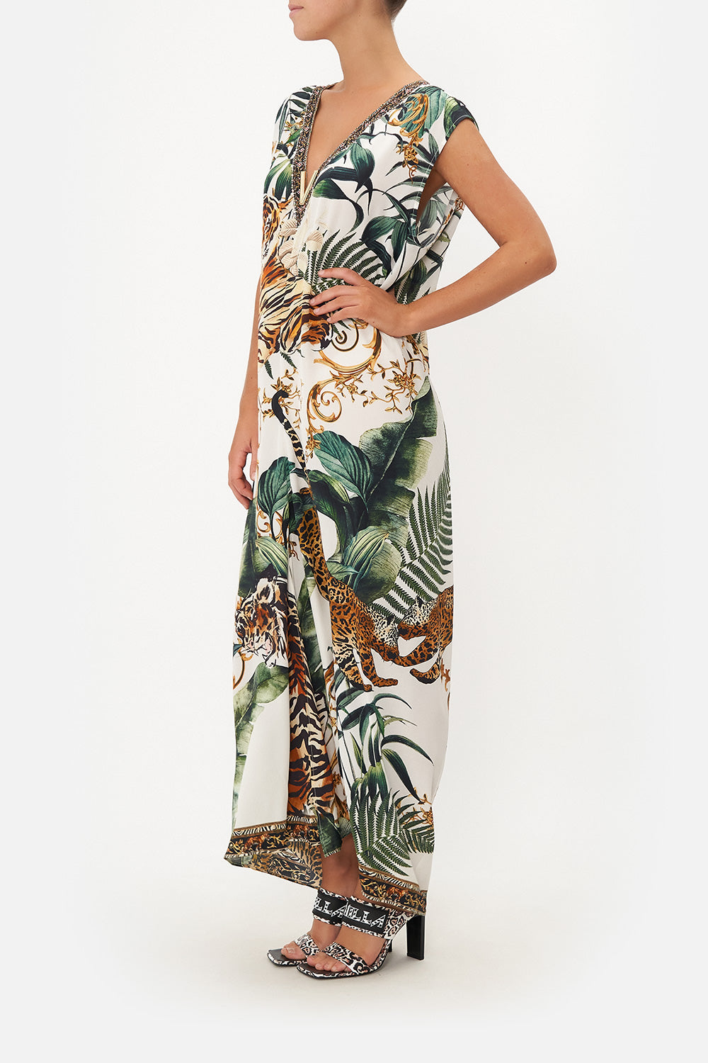 SLEEVELESS DRAPE BACK DRESS TIGER TRAP