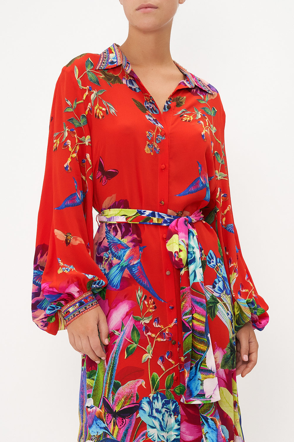 HIGH LOW MIDI SHIRT DRESS BIRDS OF A FEATHER