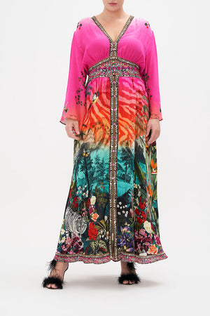 Front view of curvy model wearing CAMILLA plus size silk maxi dress in Born To  Be Wild print