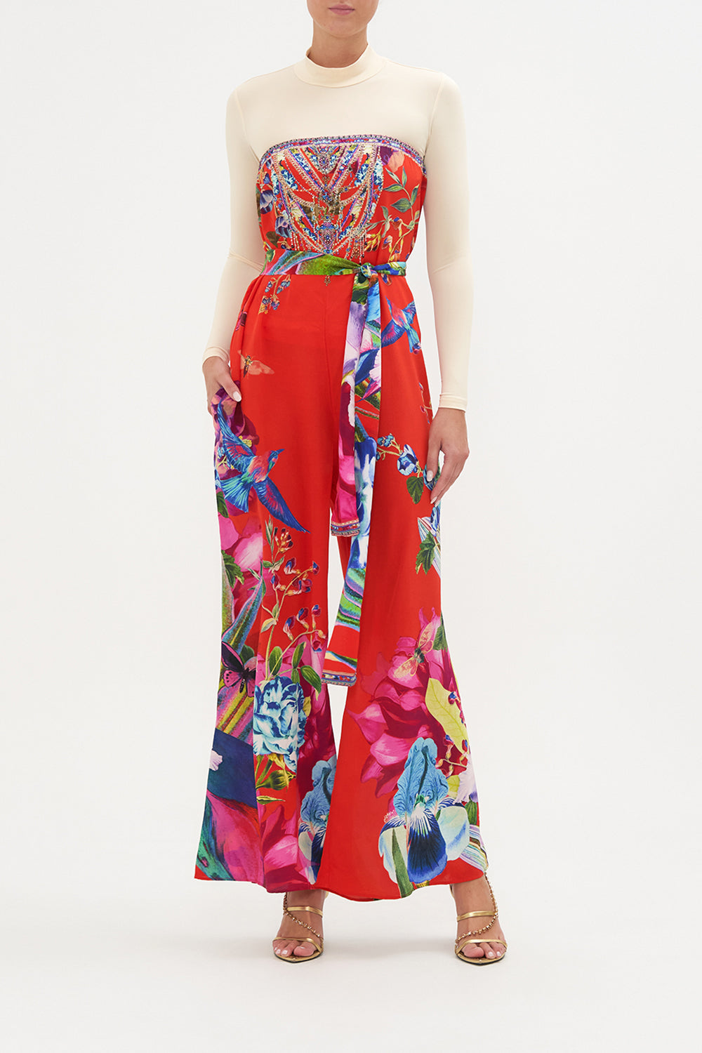 TIE WAIST STRAPLESS JUMPSUIT BIRDS OF A FEATHER