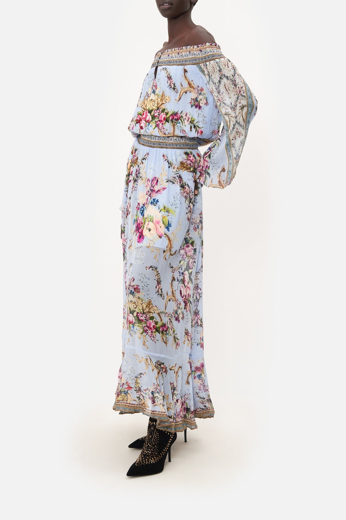 OFF SHOULDER SHIRRED DRESS FLORAFUL