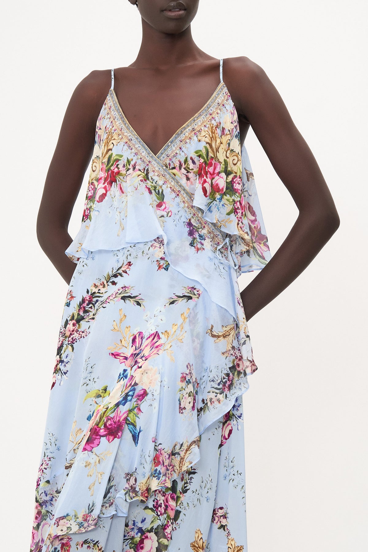 RUFFLE OVERLAYER WRAP DRESS FLORAFUL