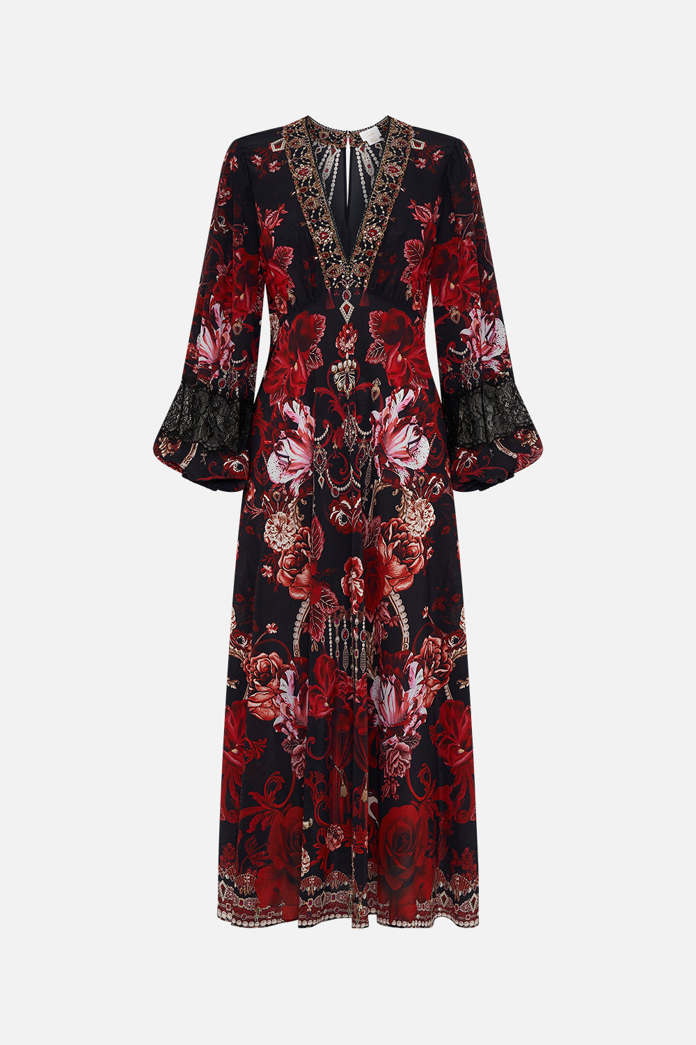 BLOUSON SLEEVE V NECK DRESS WITH LACE SISTERHOOD OF THE ROSE