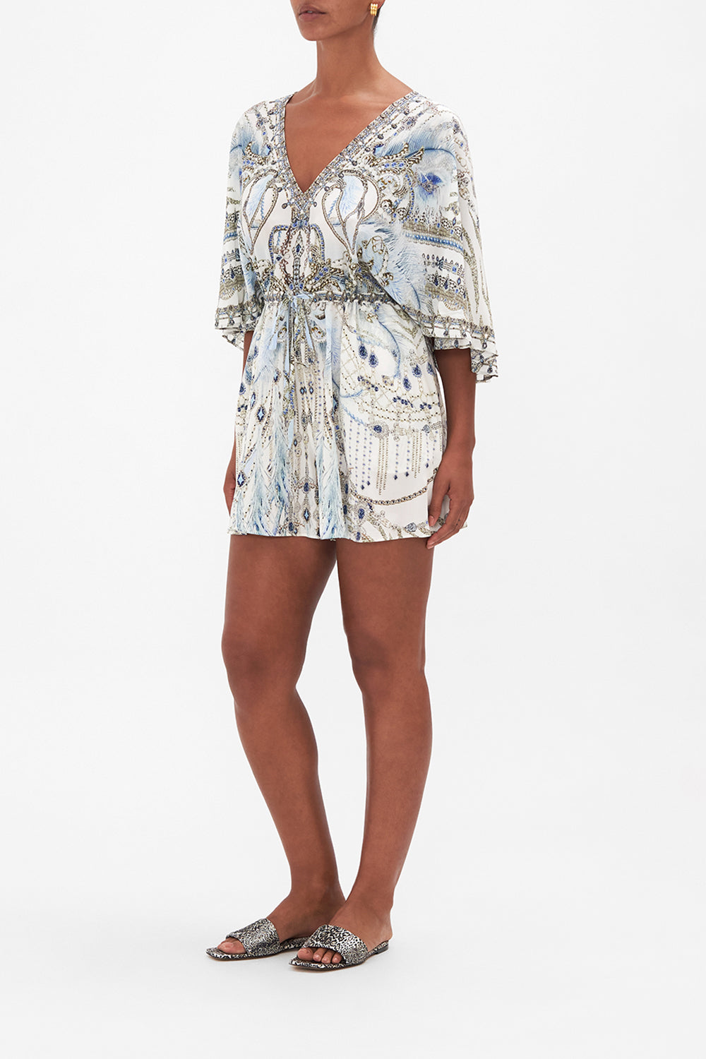 FLUTTER SLEEVE GATHERED WAIST PLAYSUIT MOON AND BACK