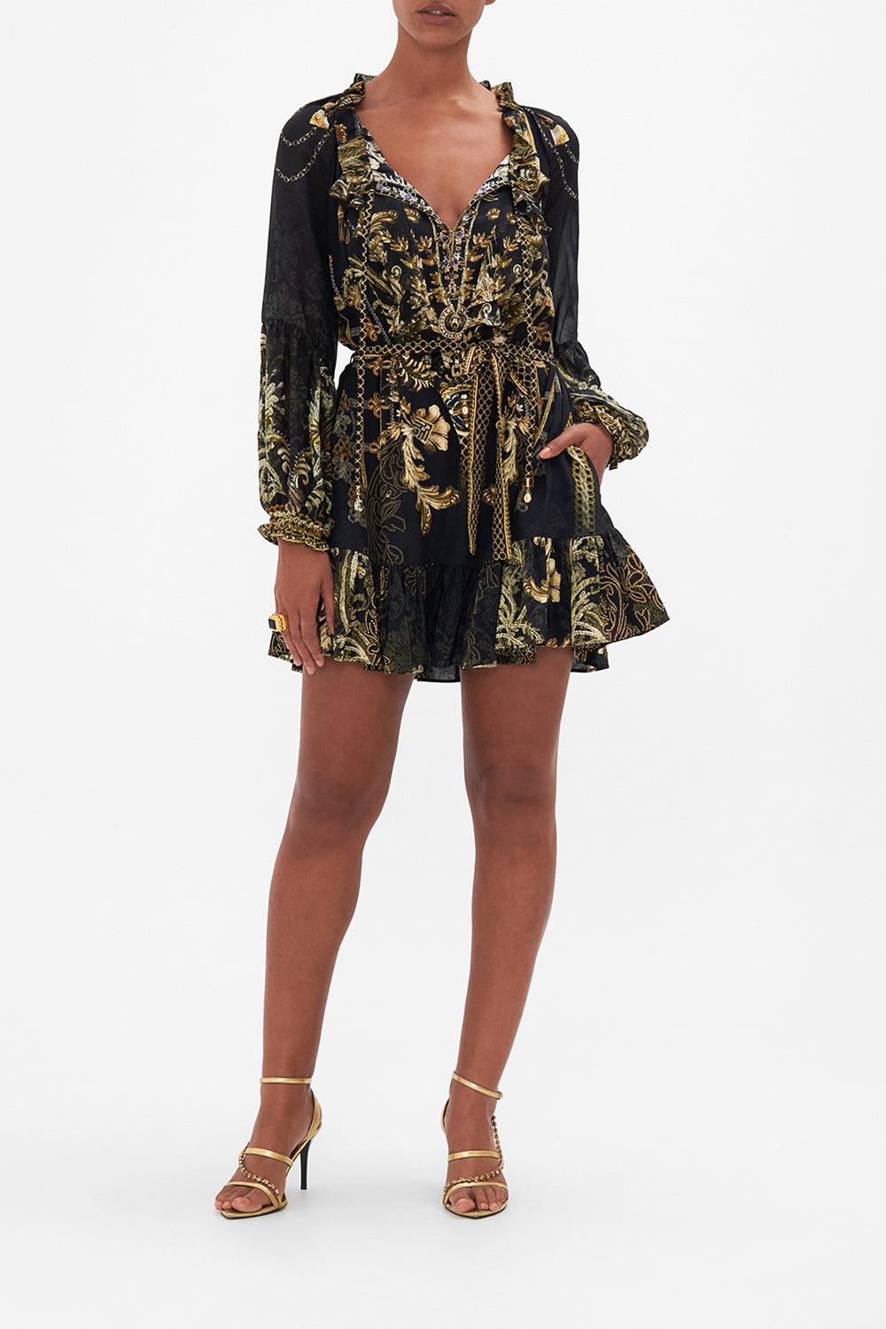 Mini Ruffle Trapeze Dress The Night Is Noir print by CAMILLA