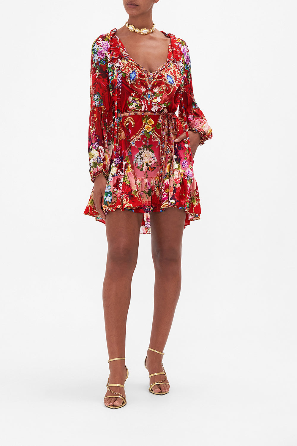 Mini Ruffle Trapeze Dress Rites Of Roses print by CAMILLA