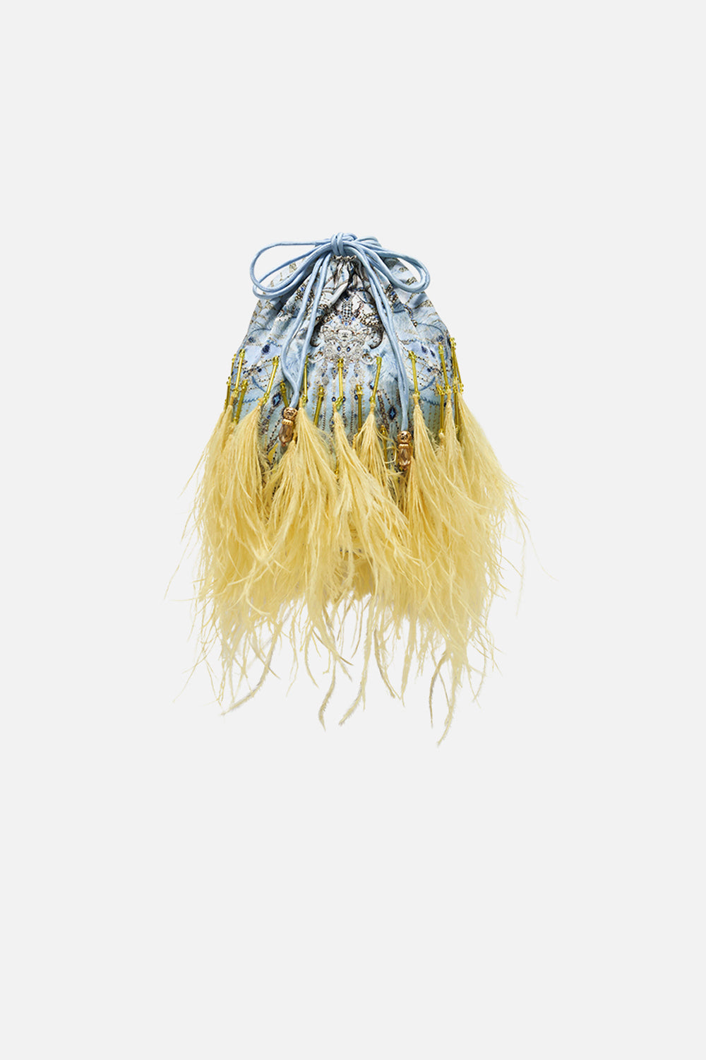 ROUND DRAWSTRING POUCH WITH FEATHERS MOON AND BACK
