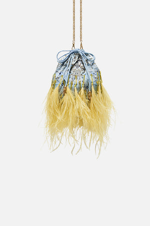 Round Drawstring Pouch With Feathers Moon And Back print by CAMILLA