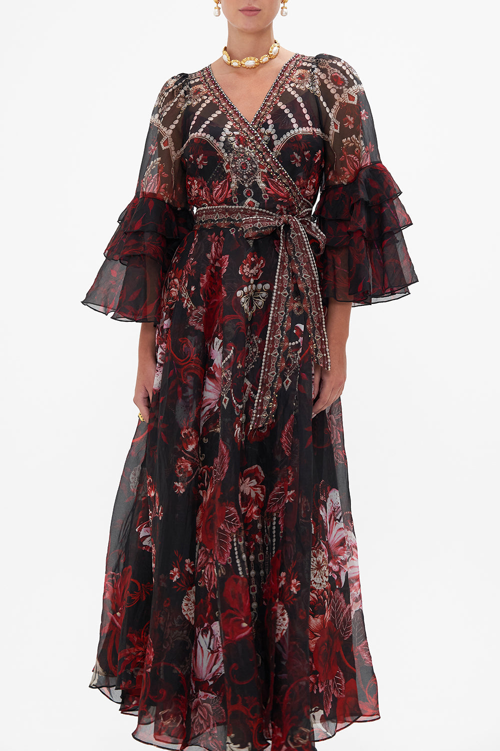 Camilladress Ruffled Shoulder Bow Knot Waist Slit Printed Vintage Party Dress