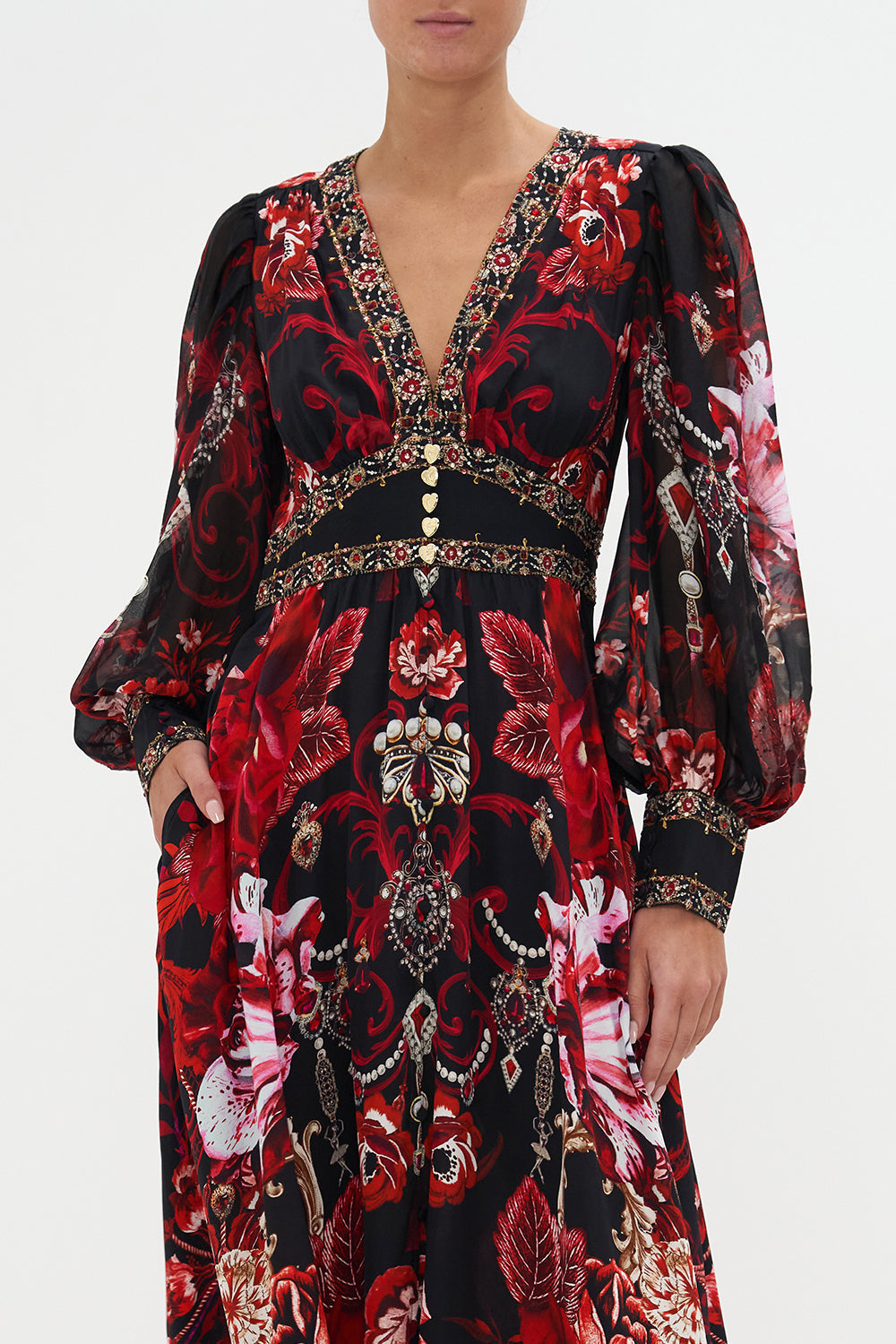 SHAPED WAISTBAND DRESS WITH GATHERED SLEEVES SISTERHOOD OF THE ROSE