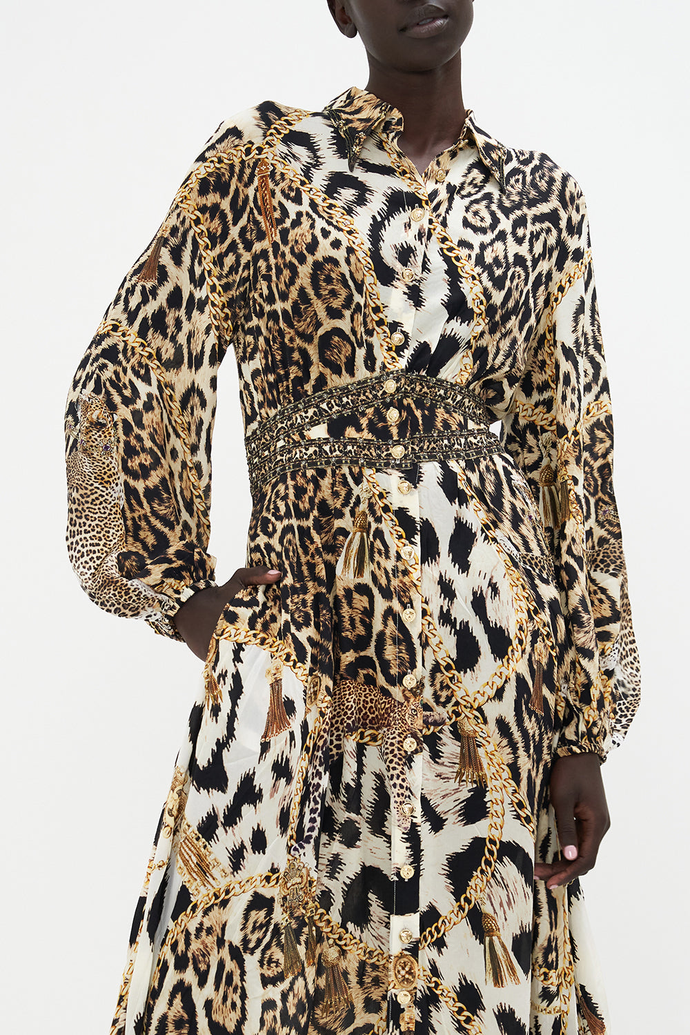 WAISTBAND LONG DRESS WITH COLLAR ROLE CALL