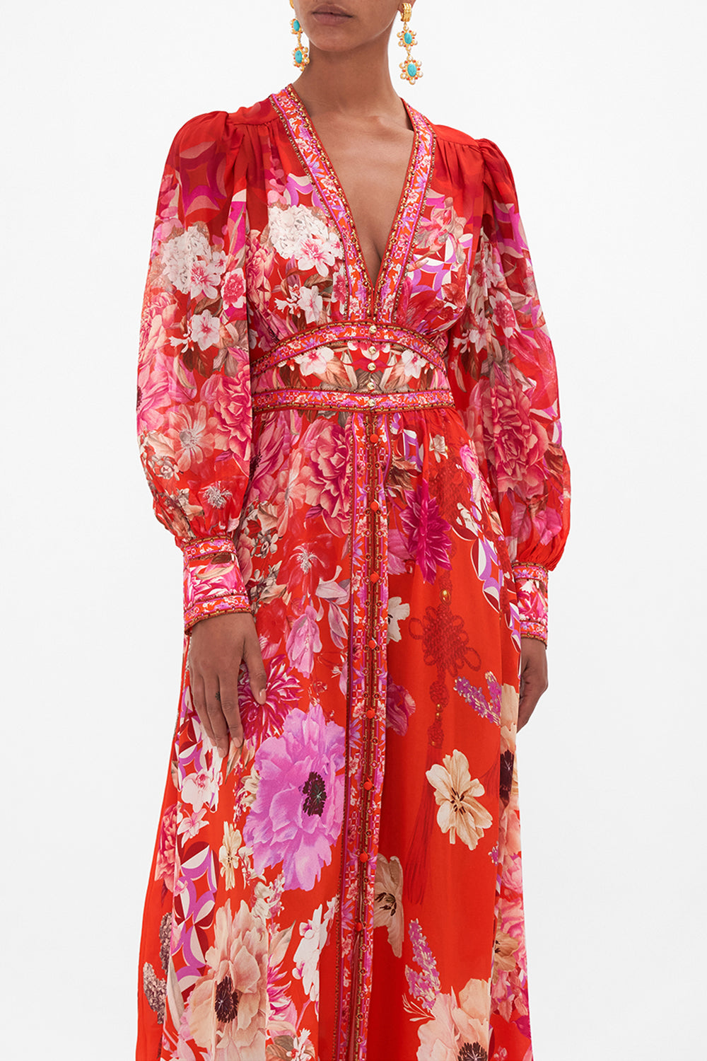 SHAPED WAISTBAND DRESS WITH GATHERED SLEEVES SECRET GARDEN