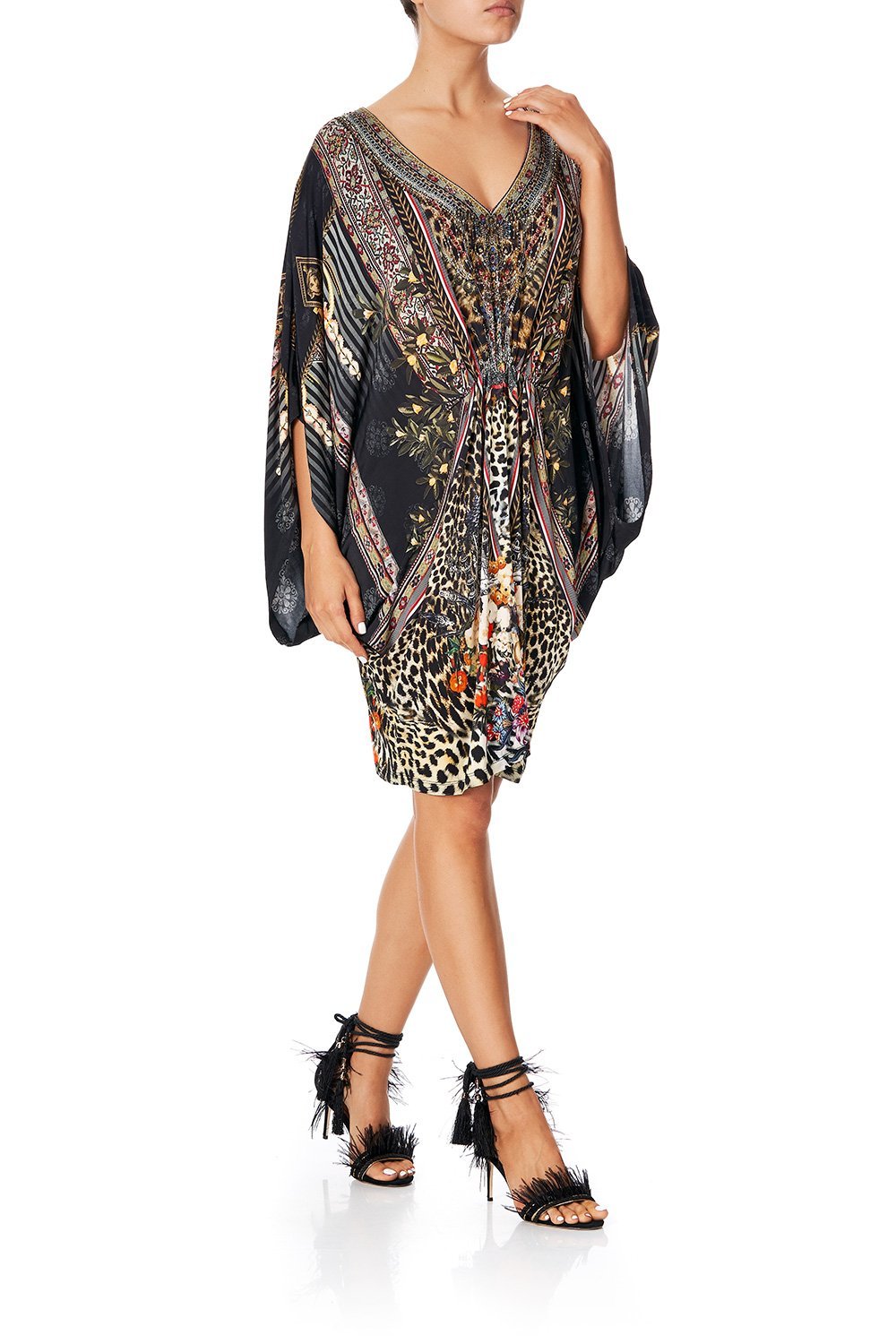 CAMILLA BAT SLEEVE DRESS WITH GATHERED WAIST MARAIS AT MIDNIGHT