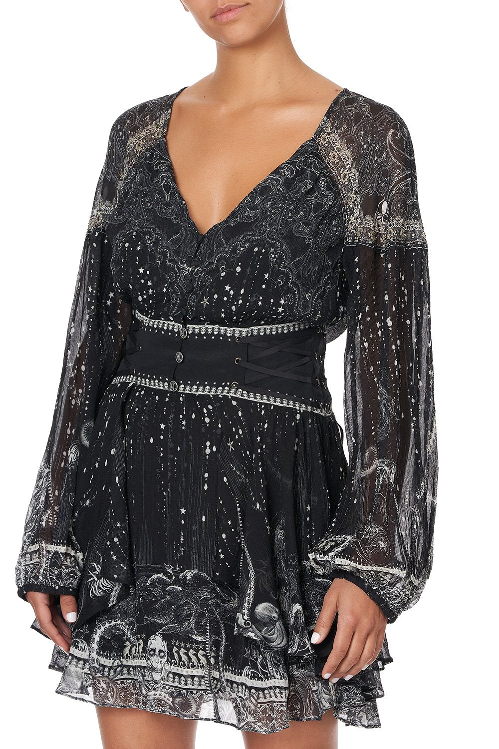 BUTTON THROUGH DRESS WITH BAND MIDNIGHT PEARL