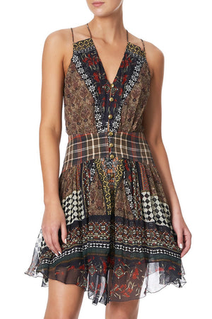 SHORT DRESS WITH SHAPED WAISTBAND PAVED IN PAISLEY
