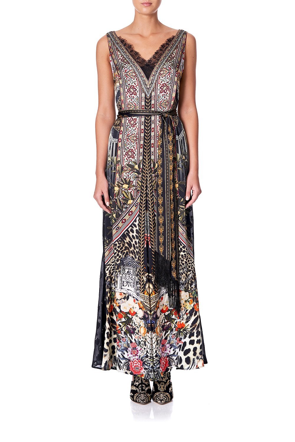 LACE TRIM JUMPSUIT WITH GODET MARAIS AT MIDNIGHT