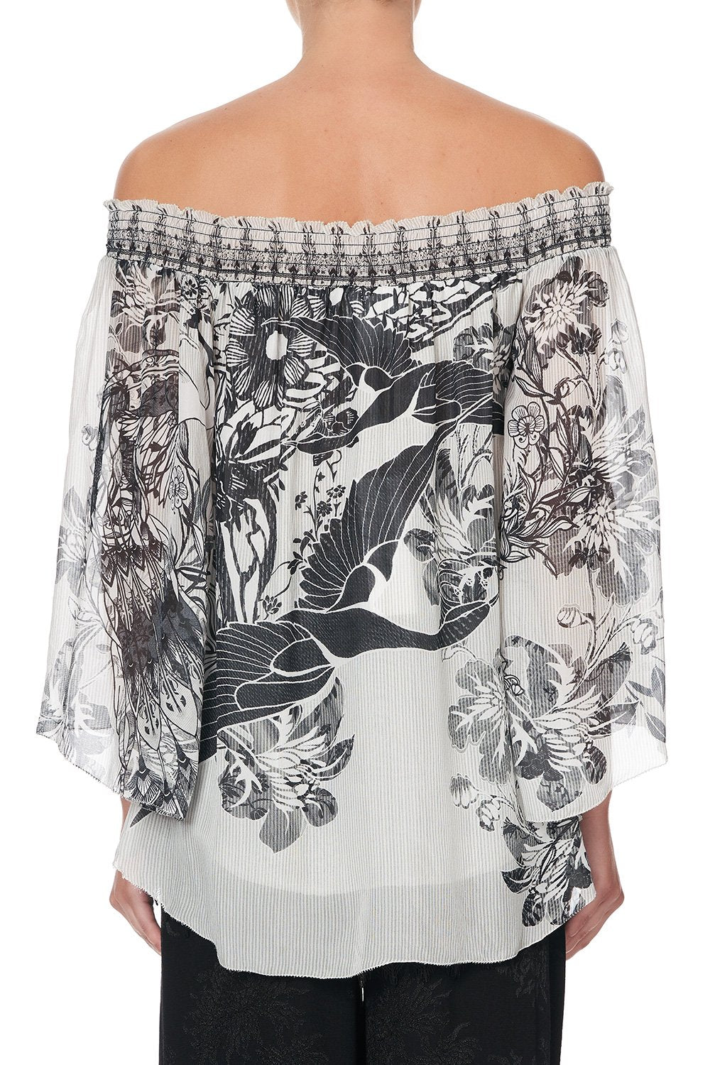 OFF SHOULDER SHIRRED BLOUSE SILVER LININGS