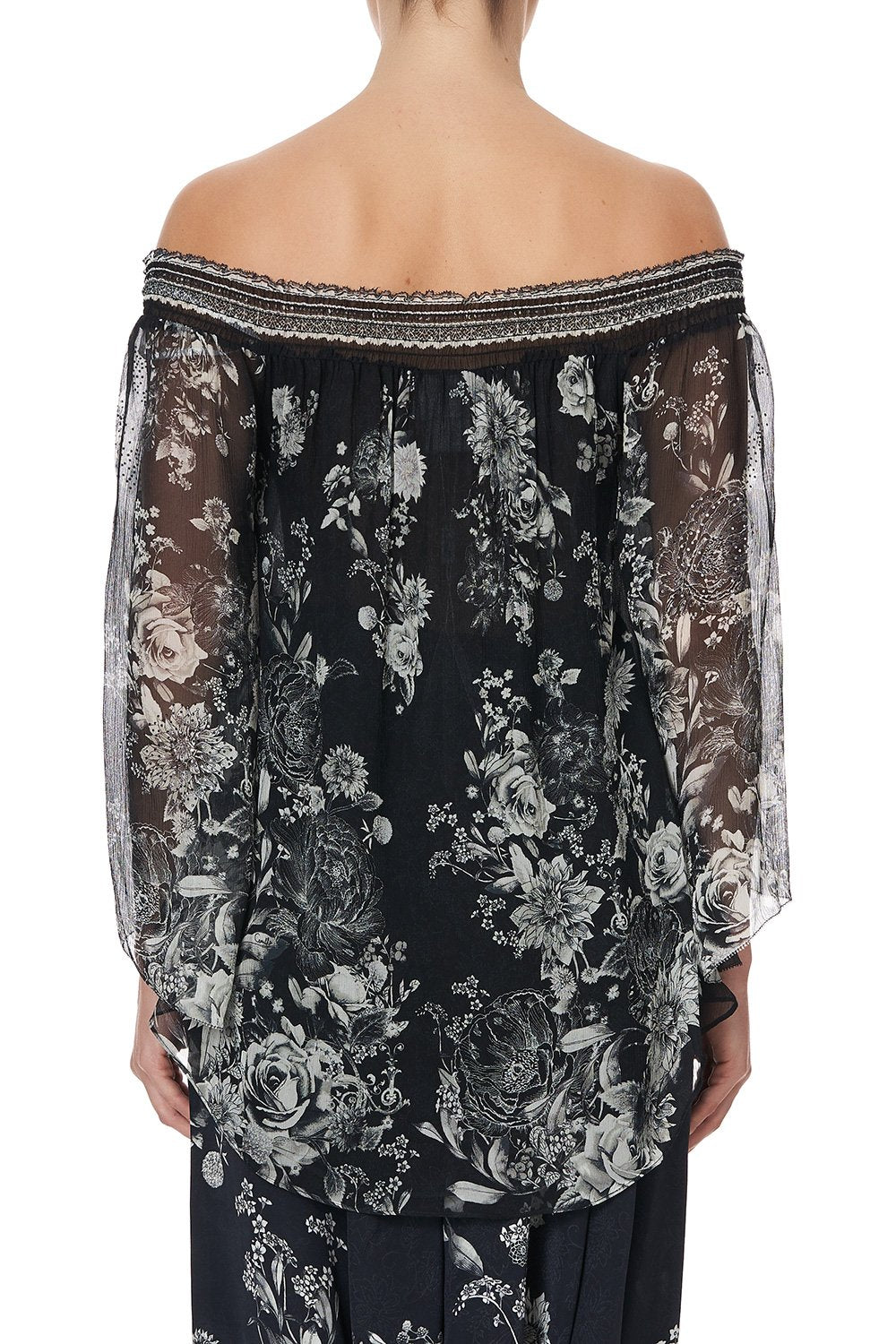 OFF SHOULDER SHIRRED BLOUSE MOONSHINE BLOOM