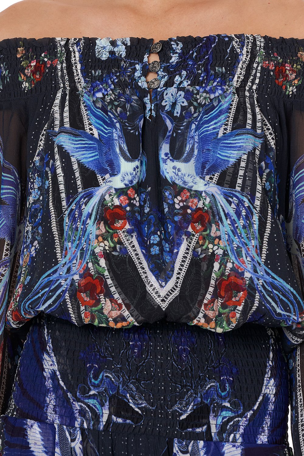 OFF SHOULDER SHIRRED DRESS MARE MYSTIQUE