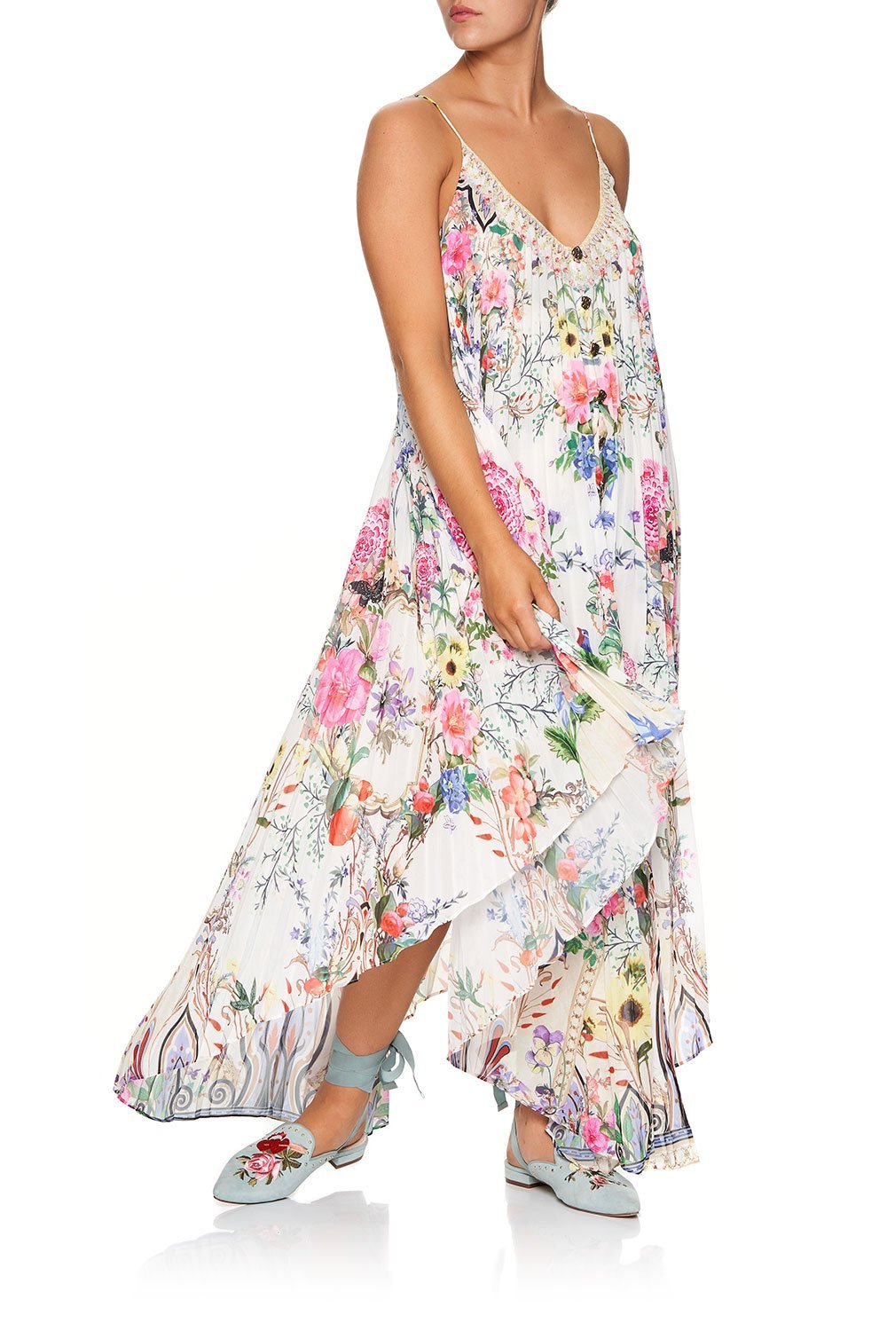 PLEATED BUTTON FRONT SLIP DRESS BOHEME