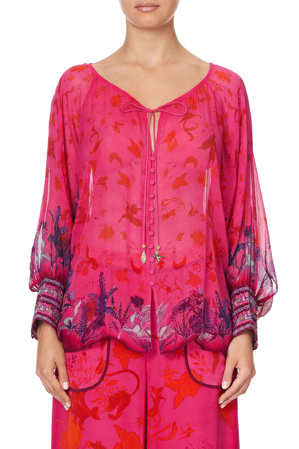 RAGLAN SLEEVE BUTTON UP TOP TROPIC OF NEON