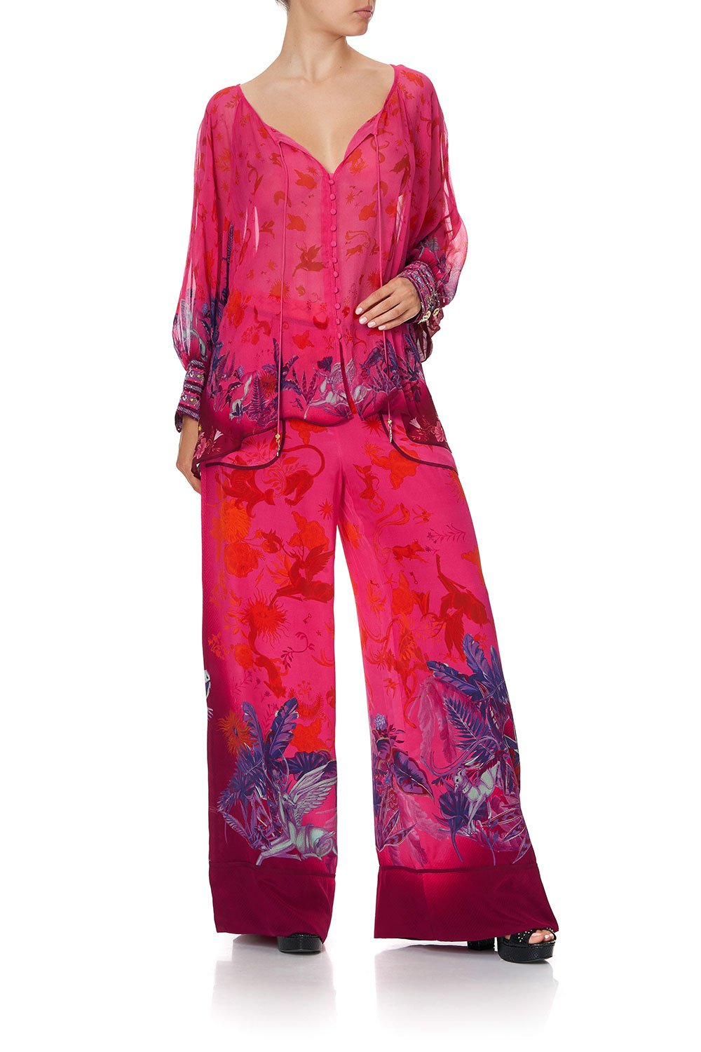 RAGLAN SLEEVE BUTTON UP TOP TROPIC OF NEON