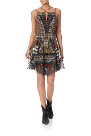 SHORT DRESS WITH SHAPED WAISTBAND PAVED IN PAISLEY
