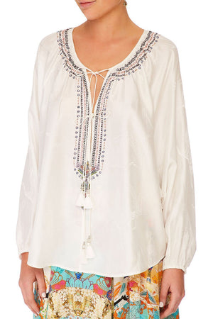 CAMILLA SOLID WHITE TIE FRONT HIGH LOW HEM BLOUSE