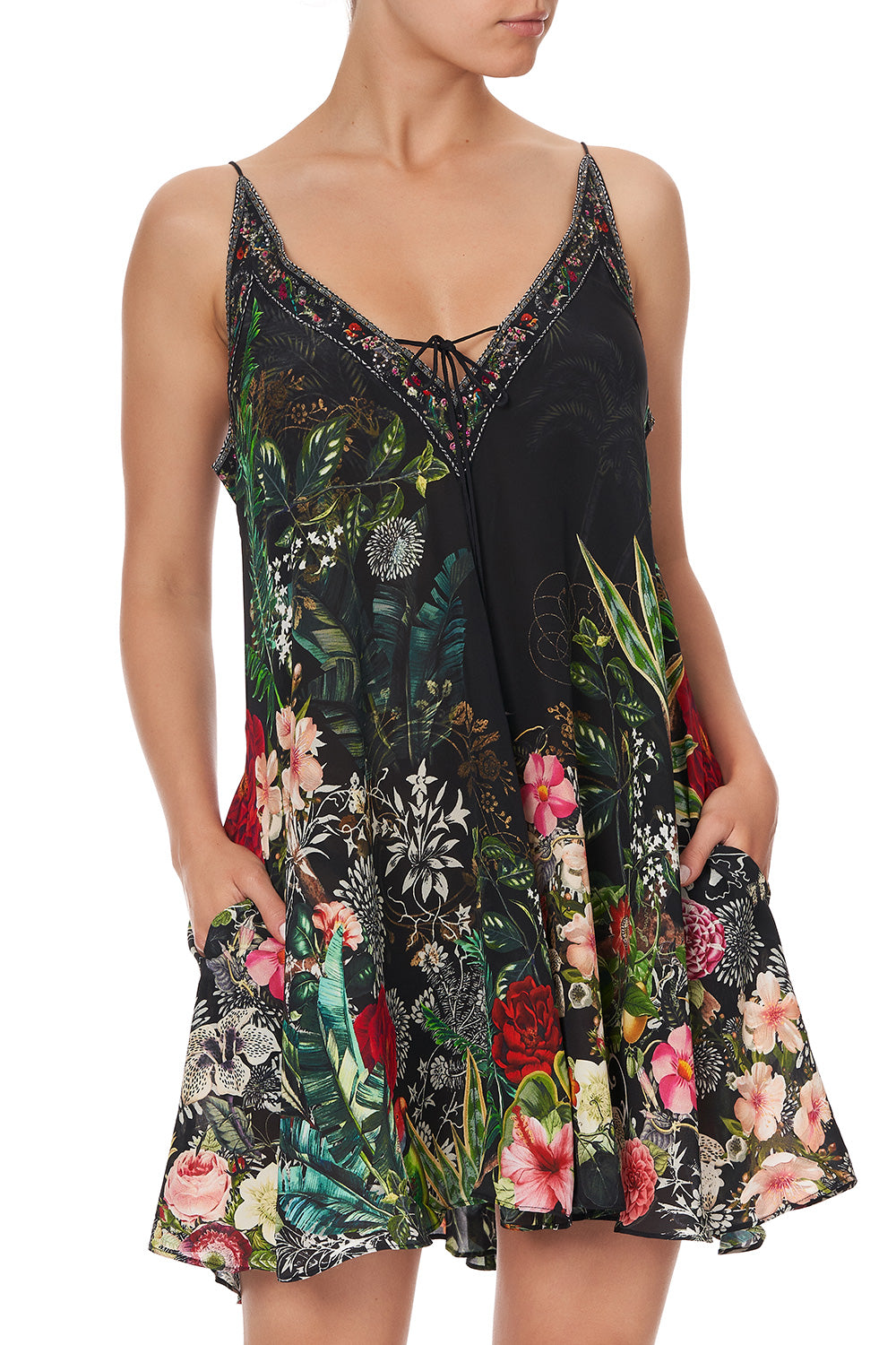 V NECK DRESS WITH NECKBANDS RAISED WITH WOLVES