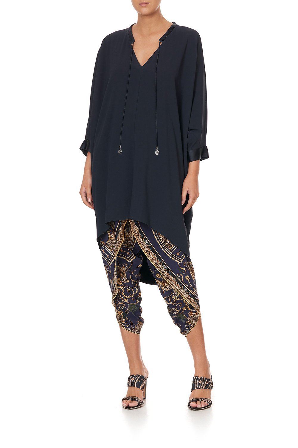 V-NECK DRESS WITH DRAPED BACK SOLID NAVY