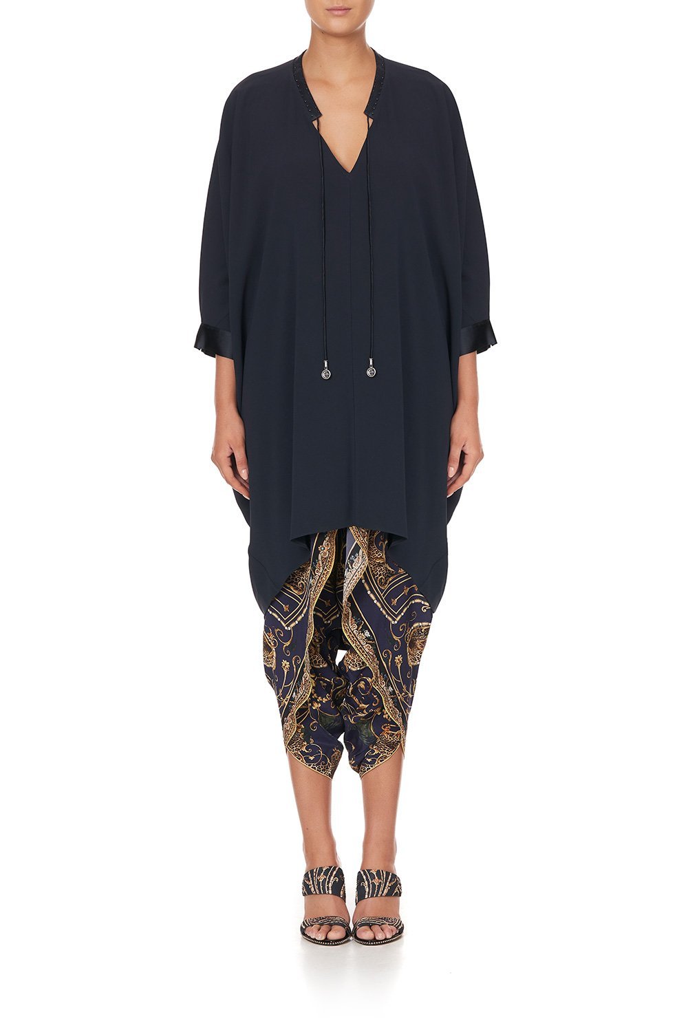 V-NECK DRESS WITH DRAPED BACK SOLID NAVY