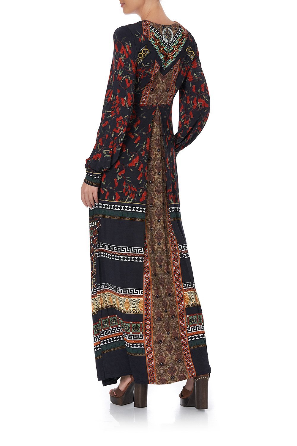 V NECK JERSEY DRESS WITH TUCK DETAIL PAVED IN PAISLEY