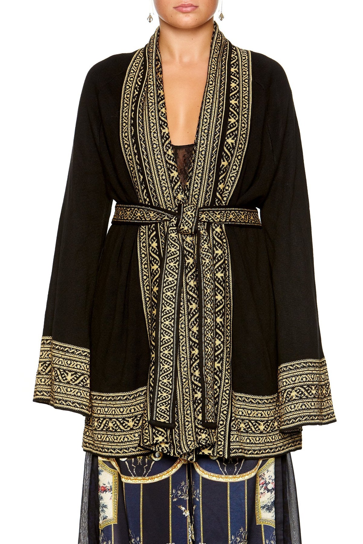 KIMONO KNIT WITH TIE BLACK GOLD