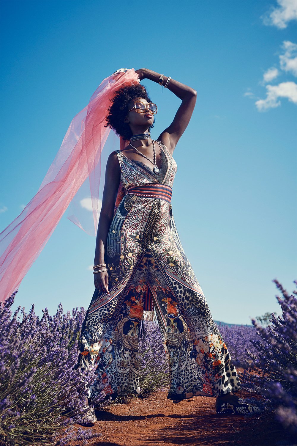 LACE TRIM JUMPSUIT WITH GODET MARAIS AT MIDNIGHT