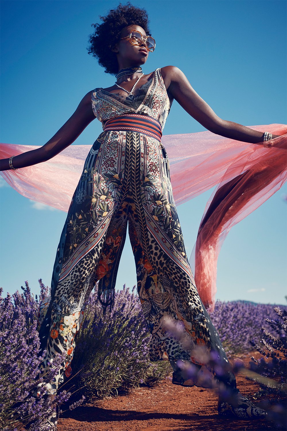 LACE TRIM JUMPSUIT WITH GODET MARAIS AT MIDNIGHT