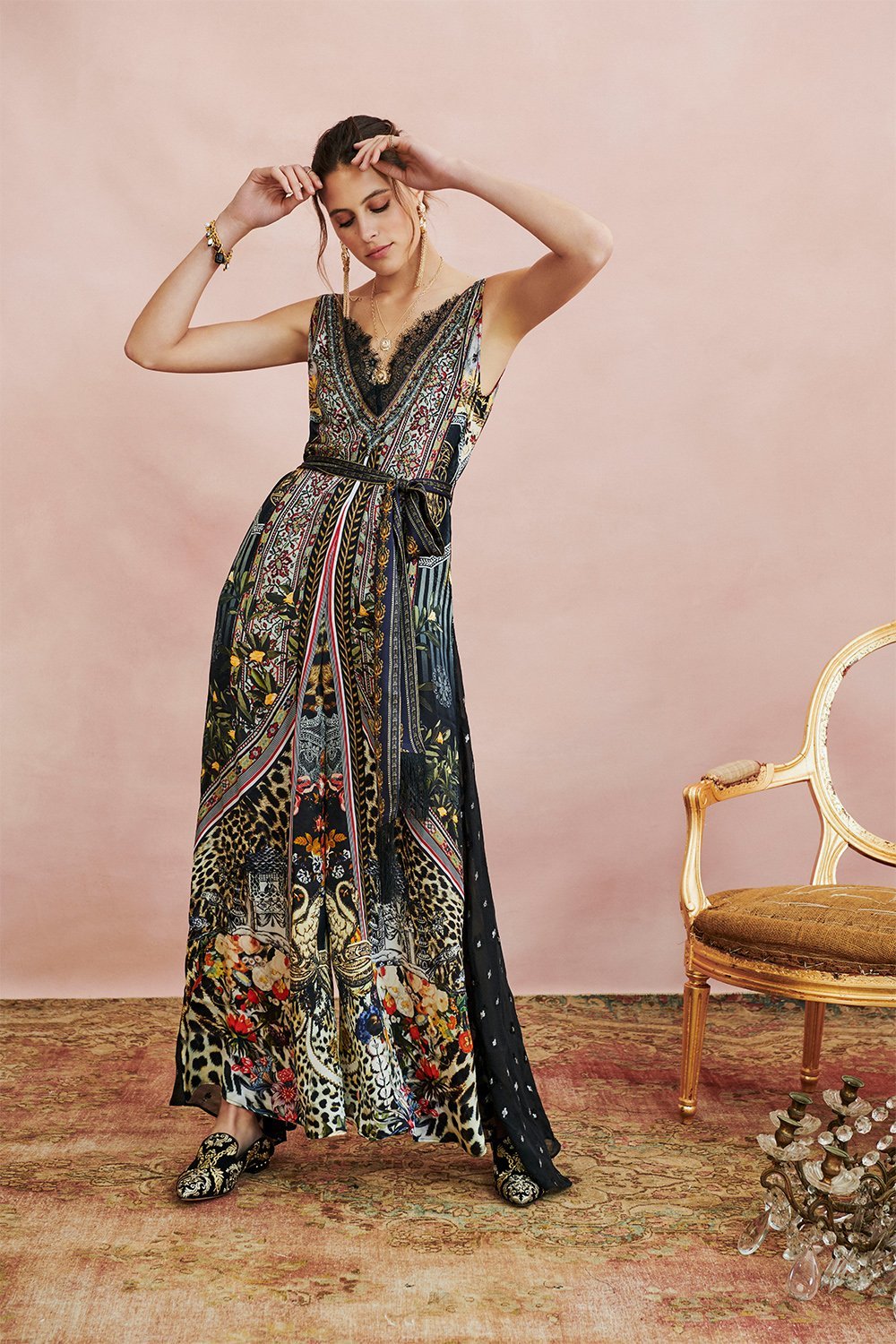 LACE TRIM JUMPSUIT WITH GODET MARAIS AT MIDNIGHT