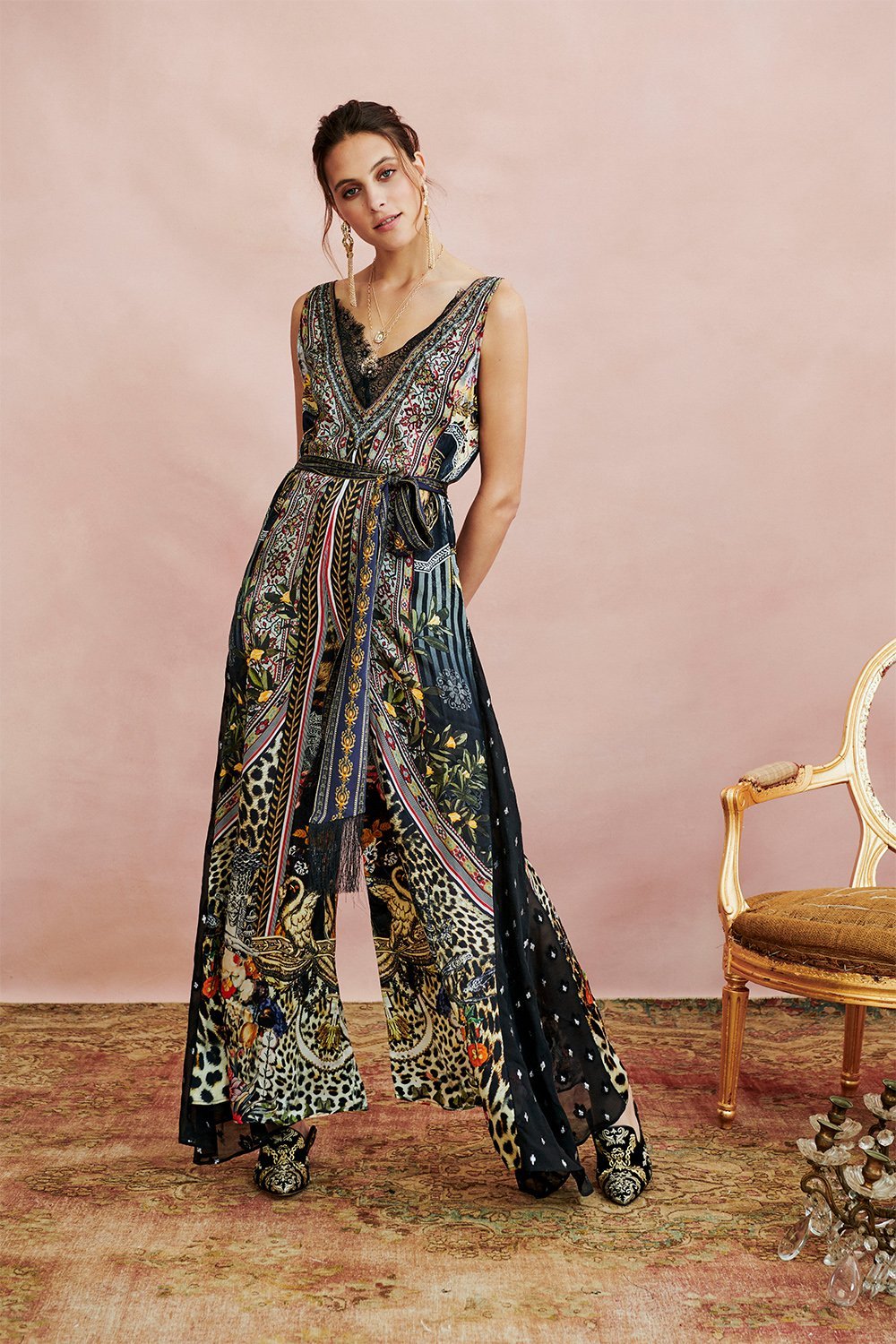 LACE TRIM JUMPSUIT WITH GODET MARAIS AT MIDNIGHT