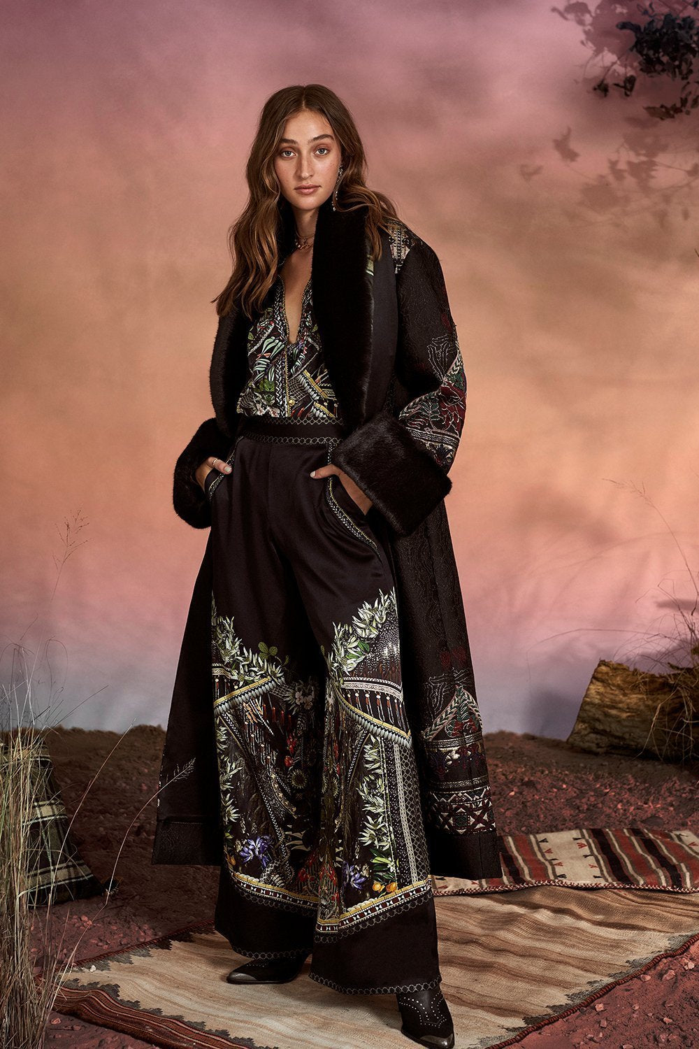 COAT WITH FEUX FUR CUFF AND COLLAR BOTANICAL CHRONICLES