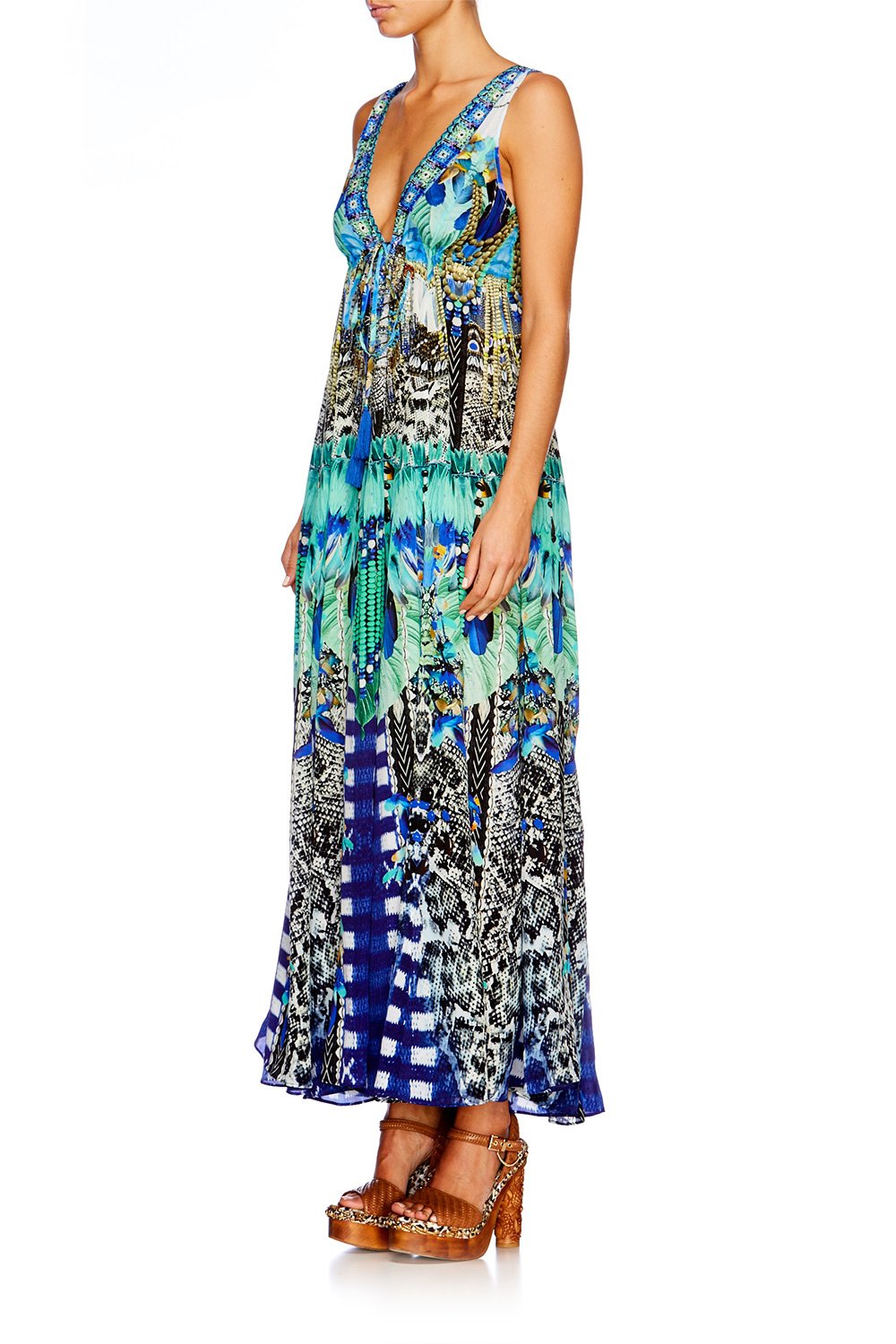 LEAVE ME WILD LONG V NECK DRAWSTRING DRESS