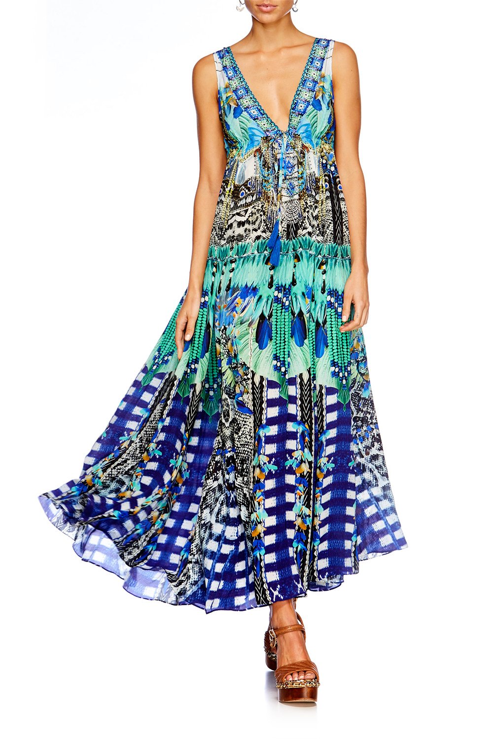 LEAVE ME WILD LONG V NECK DRAWSTRING DRESS