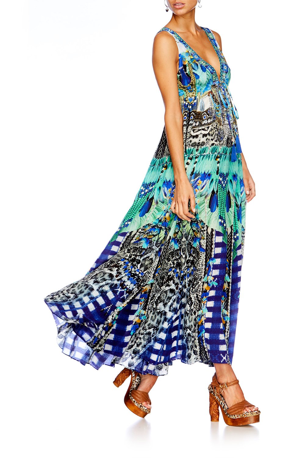 LEAVE ME WILD LONG V NECK DRAWSTRING DRESS